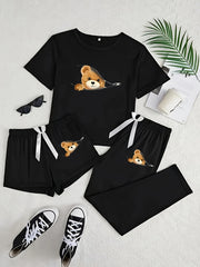 Women's Pajama Set with Zipper Bear Print Short Sleeve Top and Long Pants