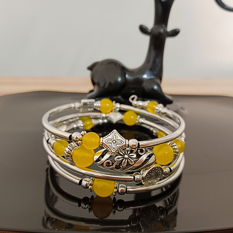 Bohemian Style Multi-Layered Crystal Bracelet with Turquoise Tiger's Eye Stones