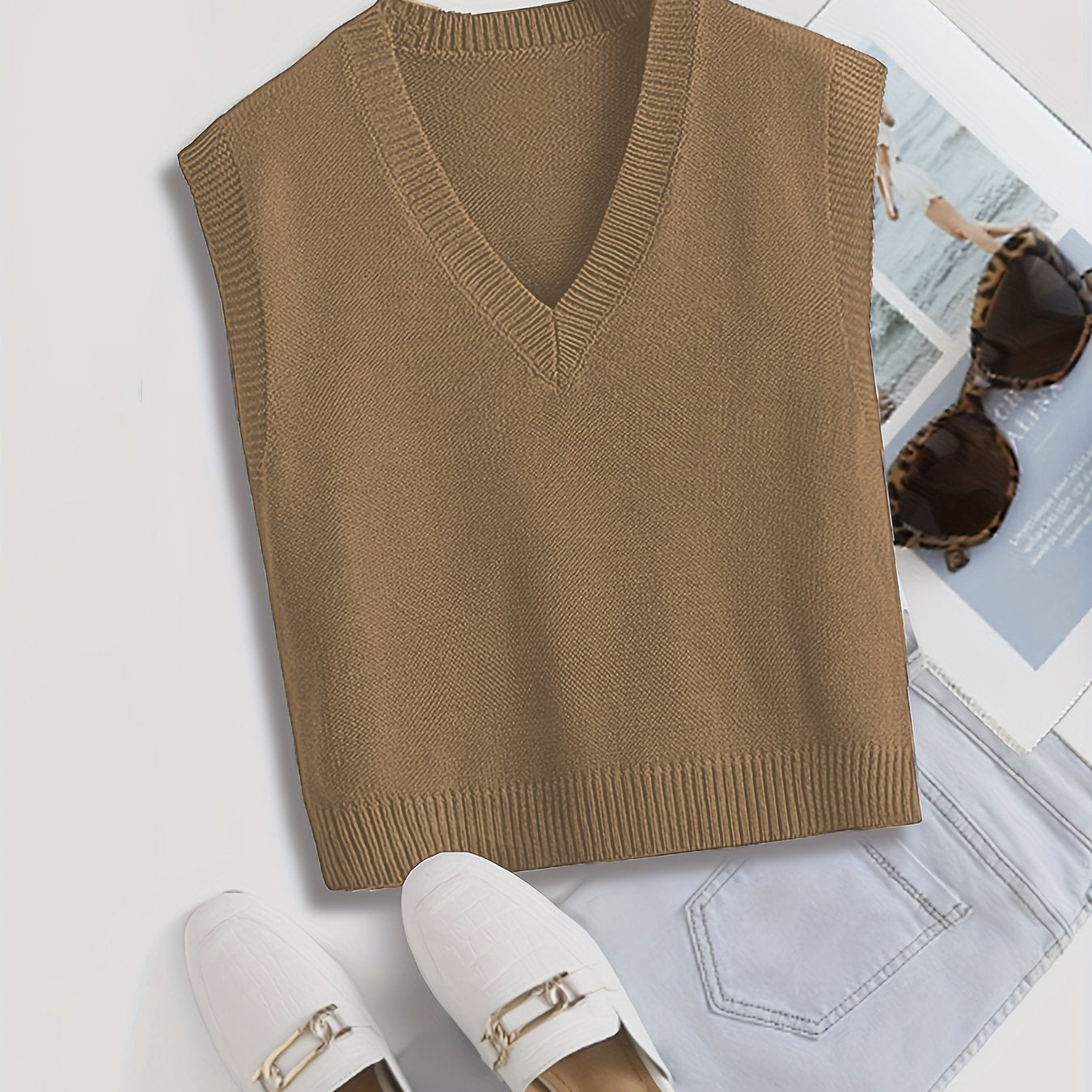 Women's Ribbed V Neck Sleeveless Sweater Vest Solid Knit Spring Fall