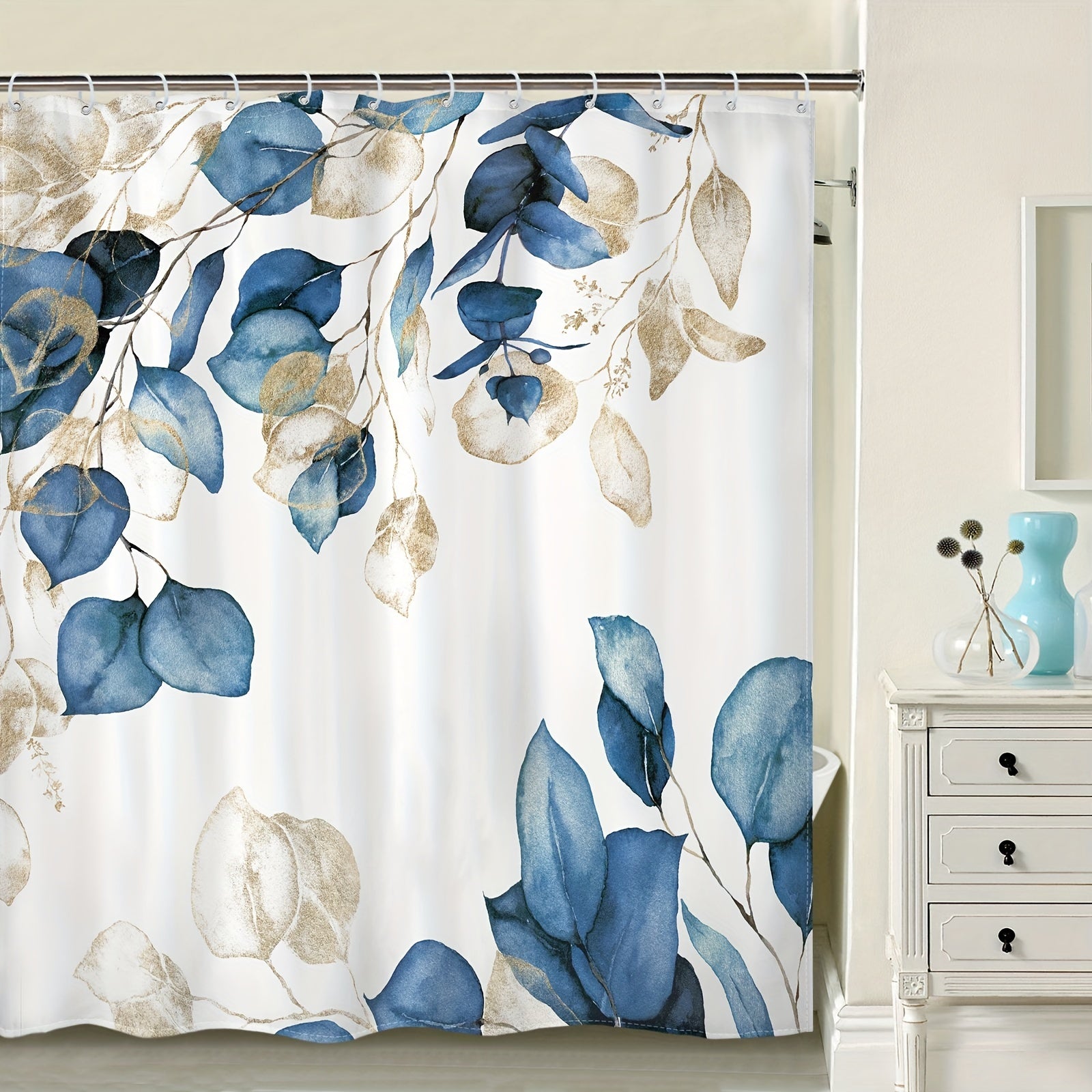 Poliester eukalipt yaprog'i yashil o'simlikli dush pardasi hammom dekoratsiyasi uchun, suv o'tkazmaydigan va ajratish uchun. O'lchami: 70.87"×70.87"