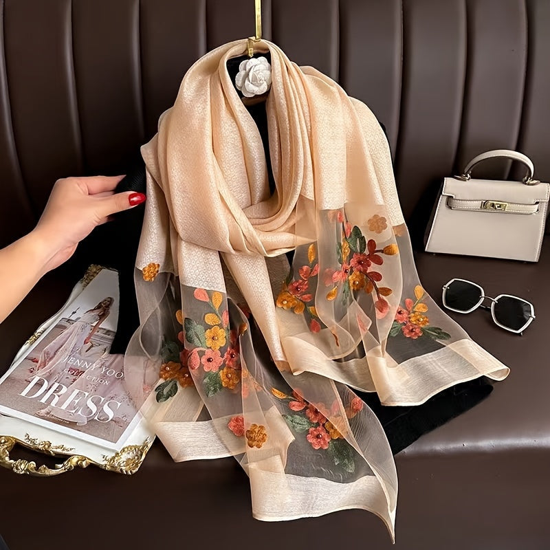 Women’s Embroidered Begonia Flower Scarf Thin Dual-Layer Breathable Solid Color Shawl
