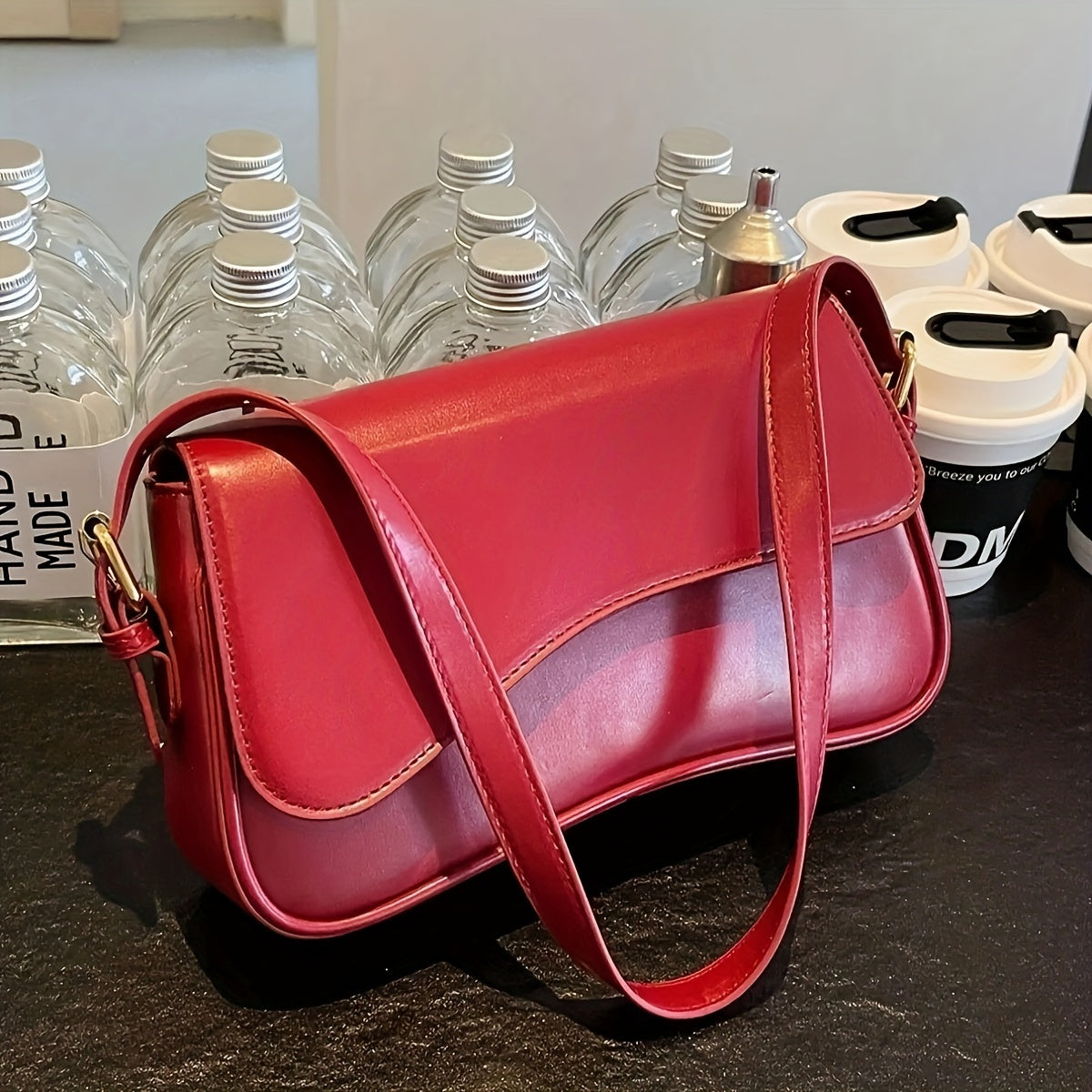 Black Baguette Bag for Women with Adjustable Strap and Gold Hardware