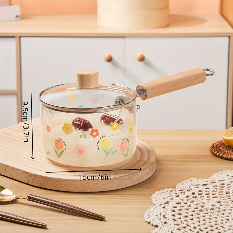 Patterned Glass Saucepan 1.5L with Lid Handle Heat-Resistant for Stovetop Cooking
