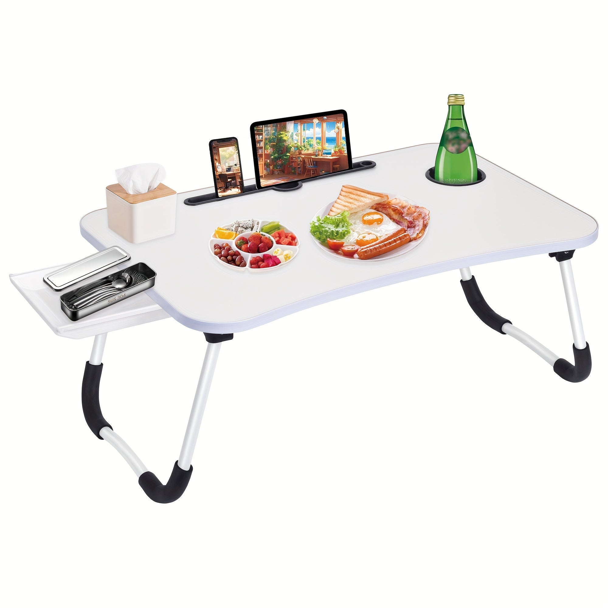 Bandeja portátil plegable para portátil con soporte para taza y cajón para cama, sofá y lectura