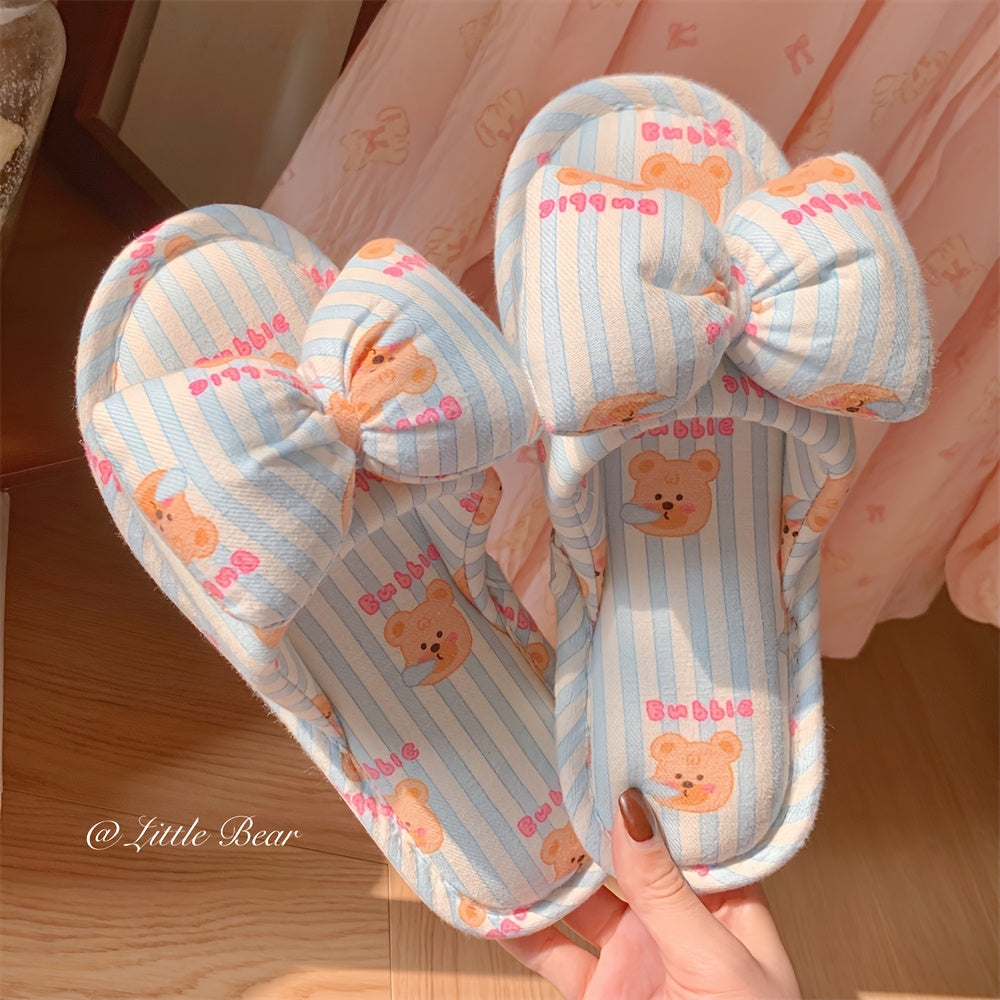 Girls Bear Striped Slippers Linen Fabric Indoor Footwear with Bow