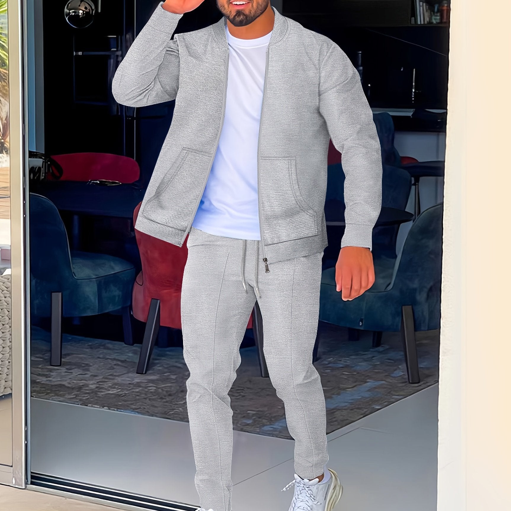 Men's Grey Waffle Knit Baseball Collar Sports Set Zip-Up Pants with Drawstring Waist