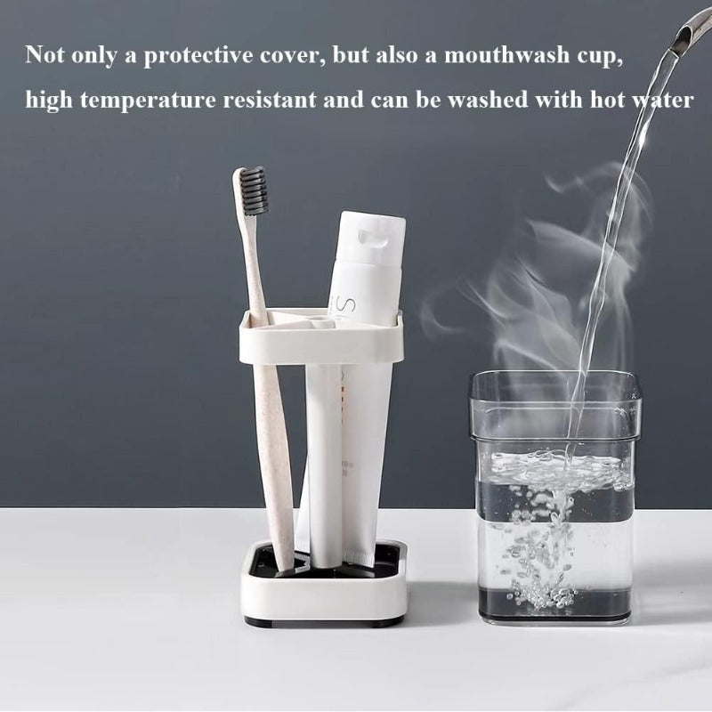 White Plastic Toothbrush Holder with Cup and Lid for Bathroom Countertop Storage