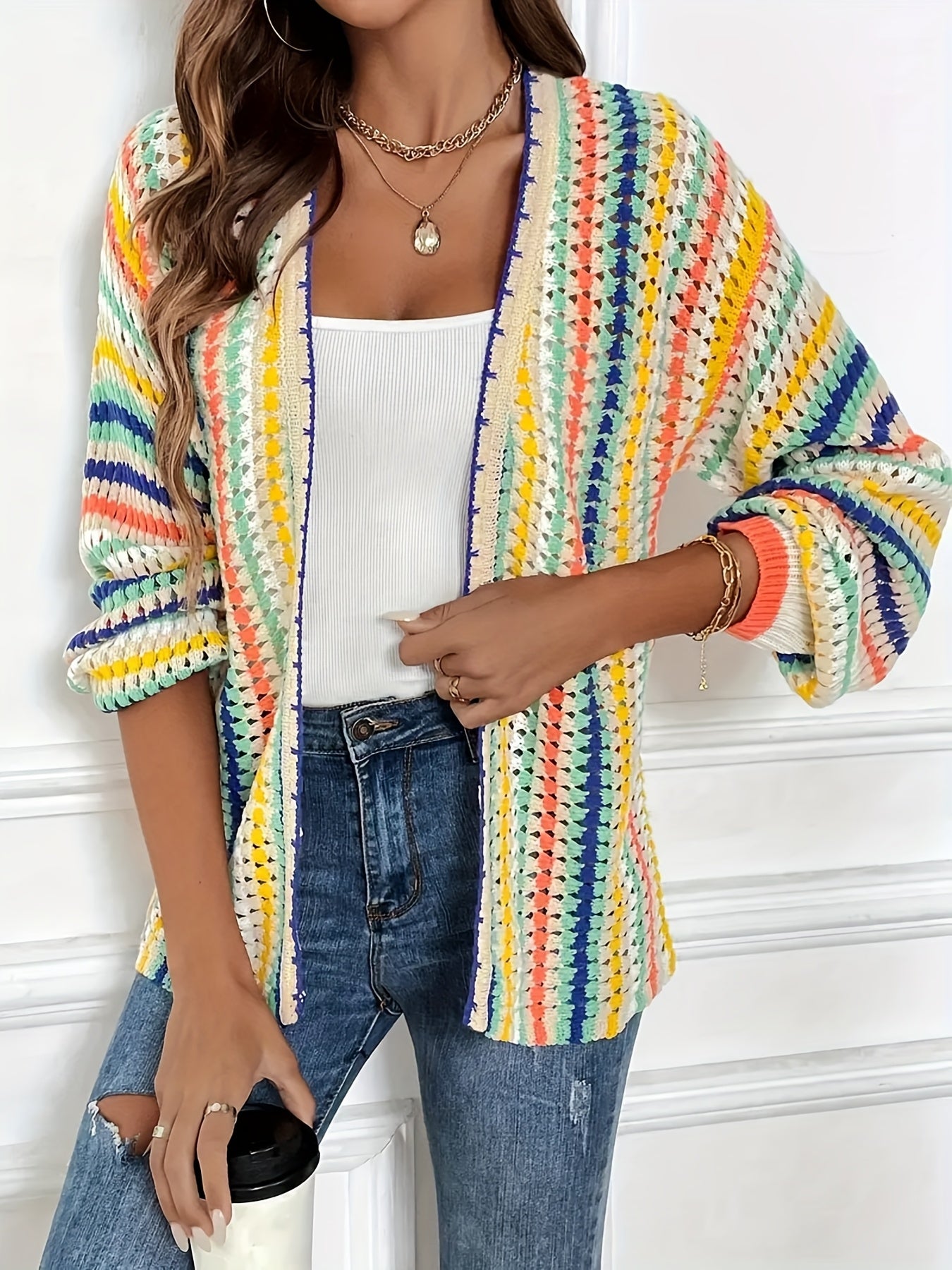 Plus Size Women's Striped Long Sleeve Cardigan Sweater Open Front Lace Detailing