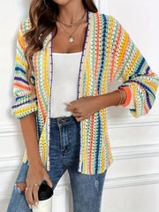 Plus Size Women's Striped Long Sleeve Cardigan Sweater Open Front Lace Detailing