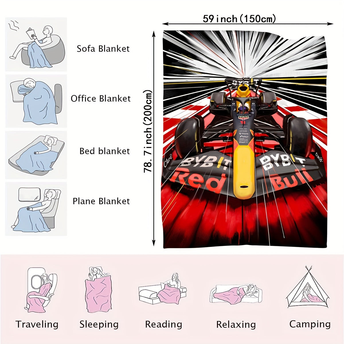 All-Season Flannel Sofa and Nap Blanket Red Black Yellow Digital F1 Racing Car Design