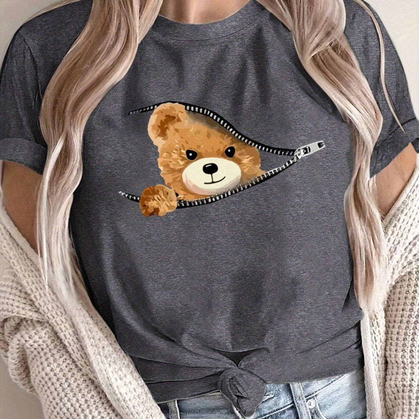 Women's Oversized Graphic T-Shirt Breathable Polyester Teddy Bear Design Loose Fit