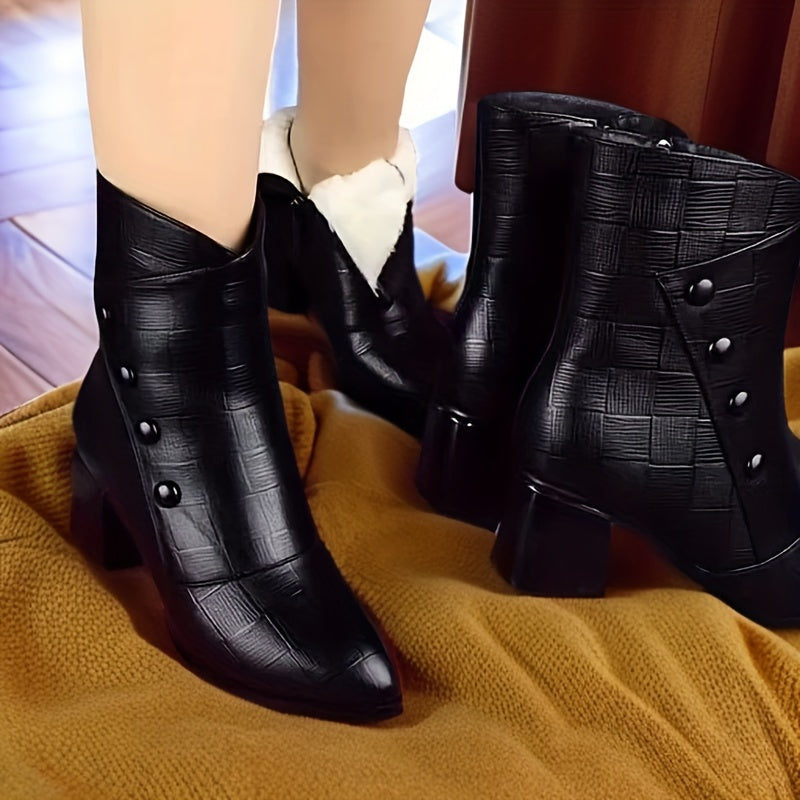 Women's Winter Mid-Calf Fleece Lined Chunky Heeled Outdoor Boots Black