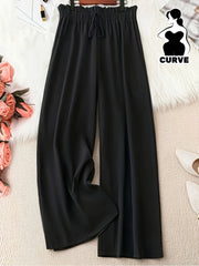Women's Plus Size Wide Leg Pants with Faux Drawstring Black High Rise
