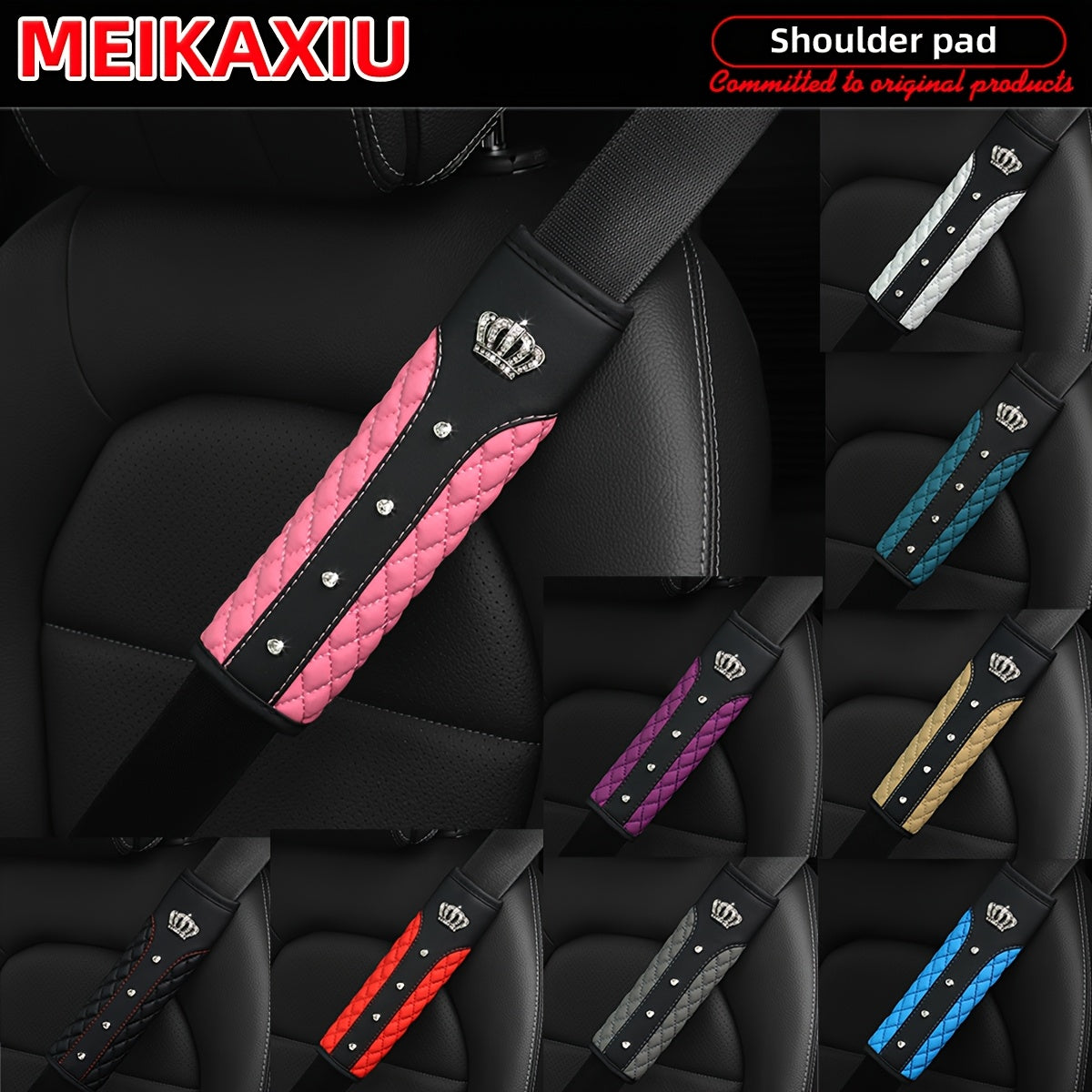 Car Seat Belt Shoulder Pad Red Black Quilted PU Leather Rhinestone Crown