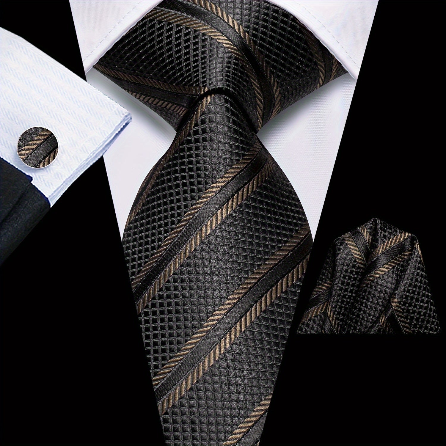 Men's Classic Striped Necktie Set with Cufflinks for Business and Party