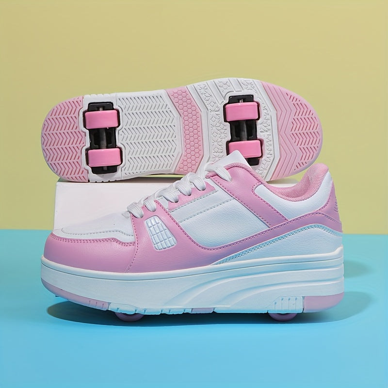 Kids Unisex Skateboard Shoes with Removable Roller Skates Plaid Fabric Low Top Sneakers for Boys and Girls Ages 14 and Under