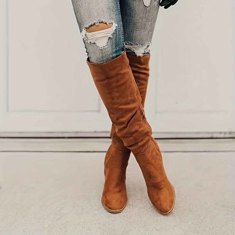 Women's Leather Knee-High Boots with Chunky Heel Zipper for Fall and Winter