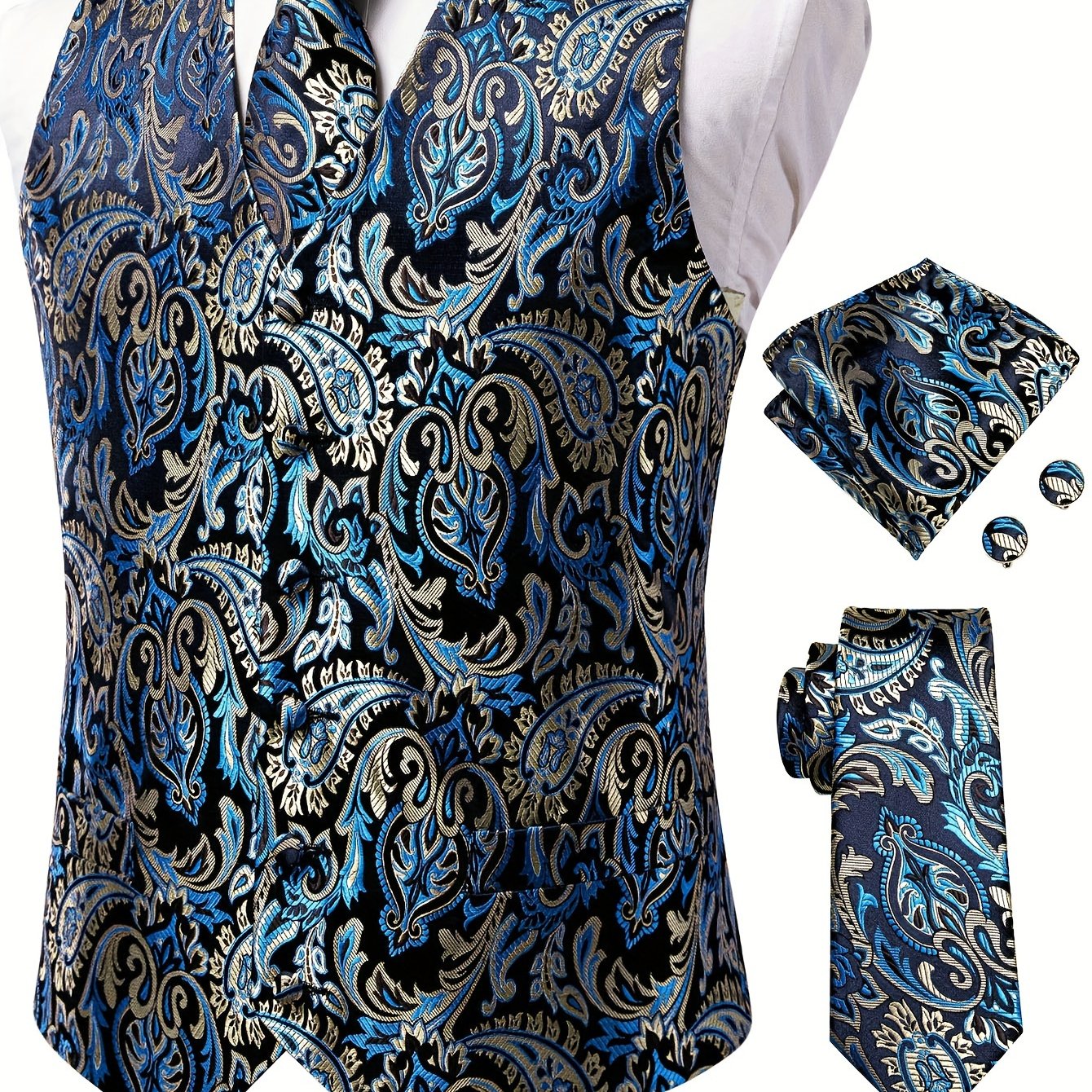 Men's Large Size White Paisley Pattern Accessories Set Waistcoat Necktie Hanky Cufflinks