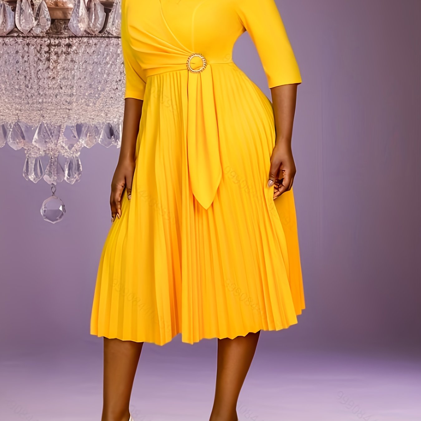 Women’s Mustard Yellow A-Line Midi Dress with Belt and Pleated Hem