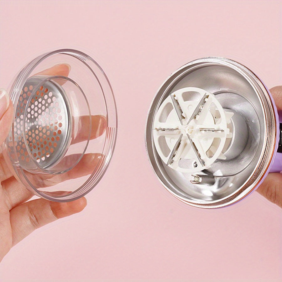 MIGUAN USB zaryadlanadigan mato qirqish mashinasi va to'kindi olib tashlagich, samarali to'kindi olib tashlash uchun raqamli ko'rsatkich bilan binafsha va oltin pushti rangda.