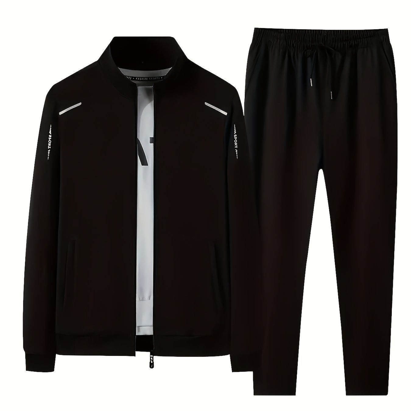 Men's Casual Long Sleeve Polyester Suit with Zipper and Lapel Collar