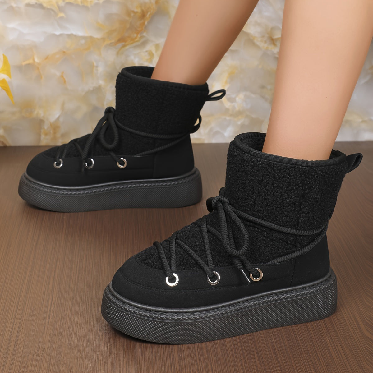 Women's Solid Color Faux Fur Lined Winter Ankle Boots with Platform Heel