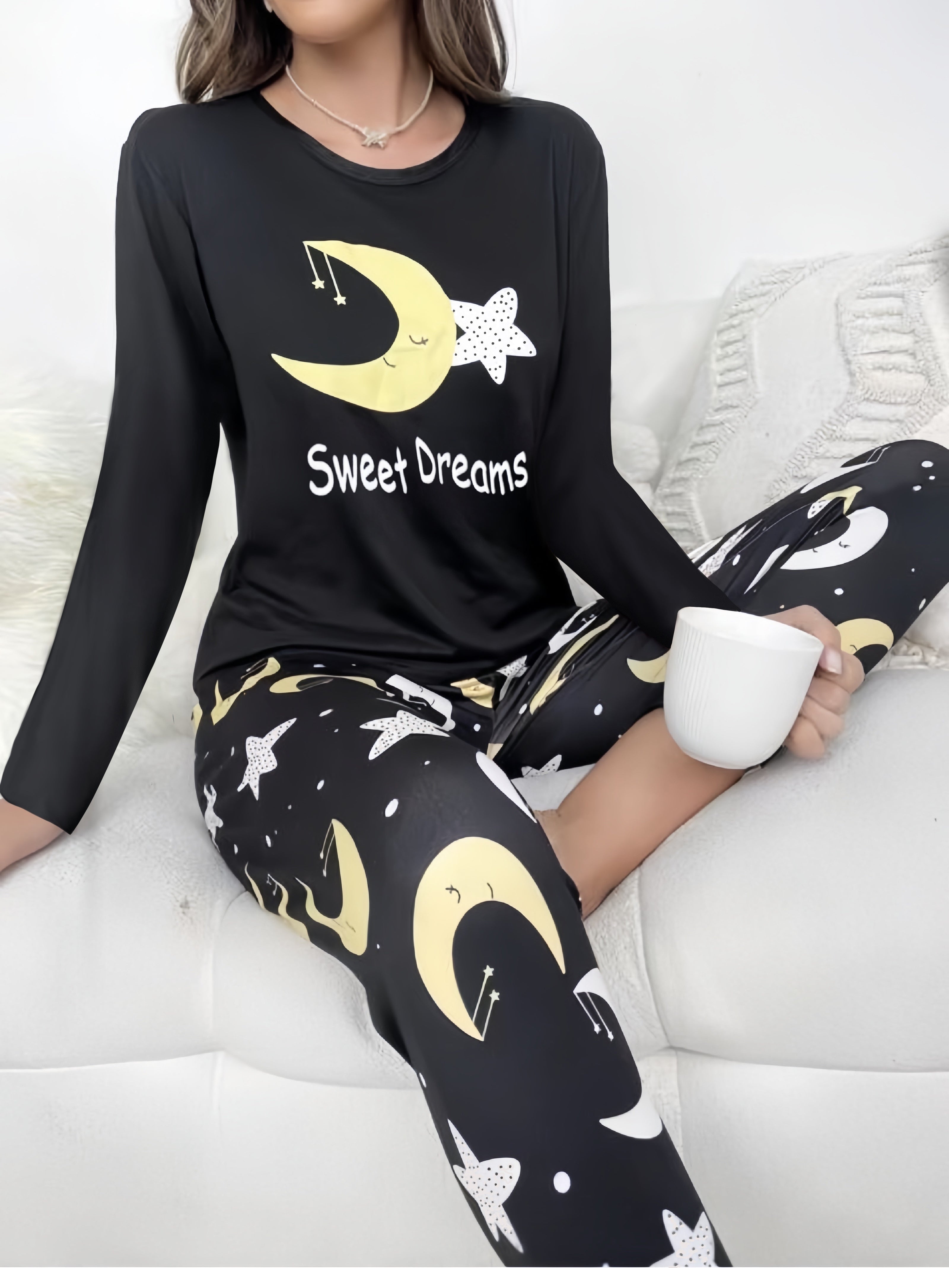 Women's Galaxy Loungewear Set with Moon and Star Print Long Sleeve Crew Neck and Elastic Waist Pants