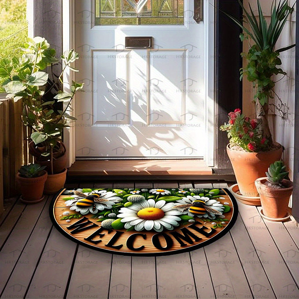 Bee and Floral Welcome Mat Semi-Circular Indoor Outdoor Durable Polyester Washable