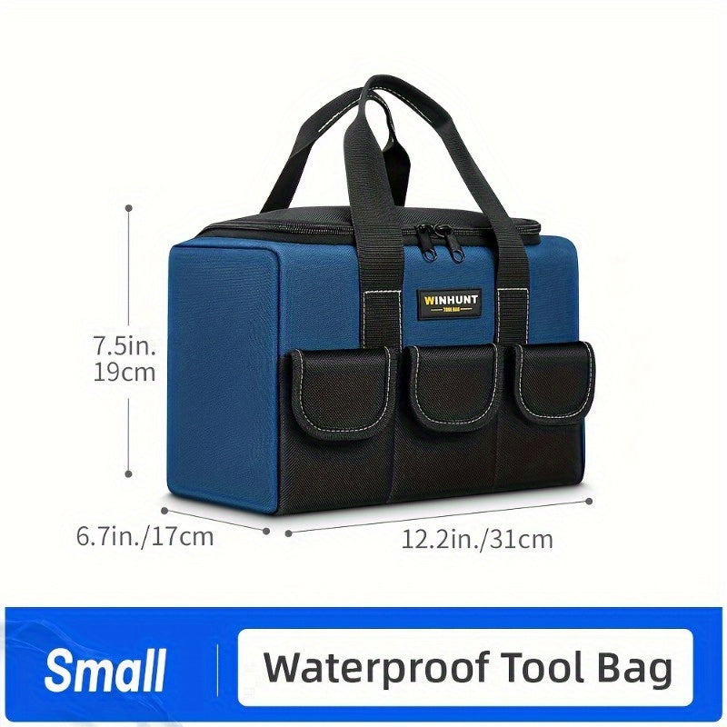Blue Waterproof Heavy-Duty Tool Bag with Wide Mouth and Organized Storage