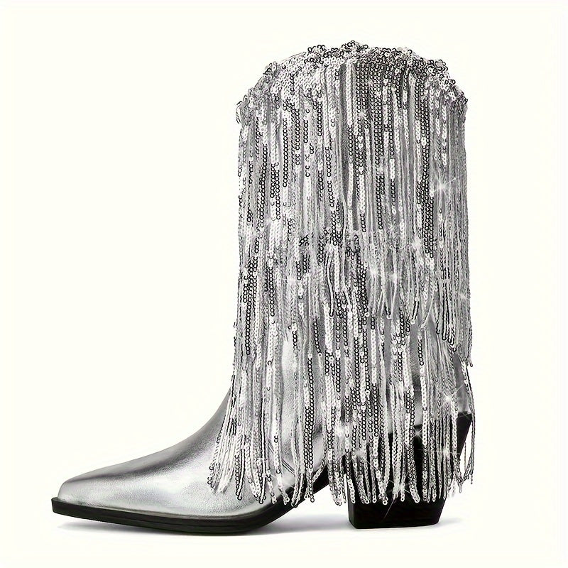 Женские серебряные сапоги с пайетками до середины икры и бахромой