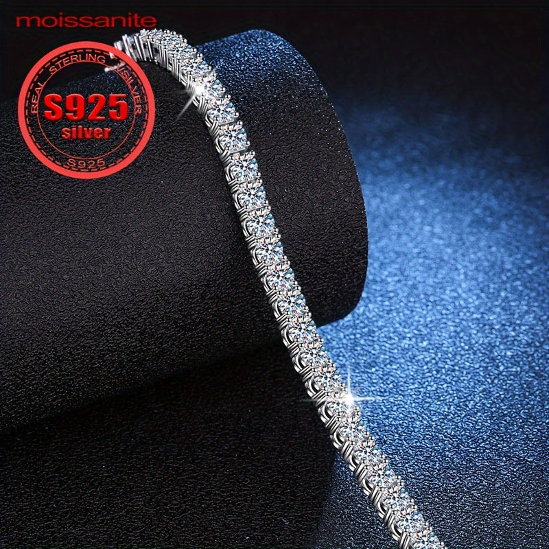 S925 Sterling Silver Moissanite Tennis Bilaguzuk, to'liq qator hashamatli va nafis uslubdagi Moissanite toshlari bilan. Ayollar uchun mukammal zargarlik sovg'asi.