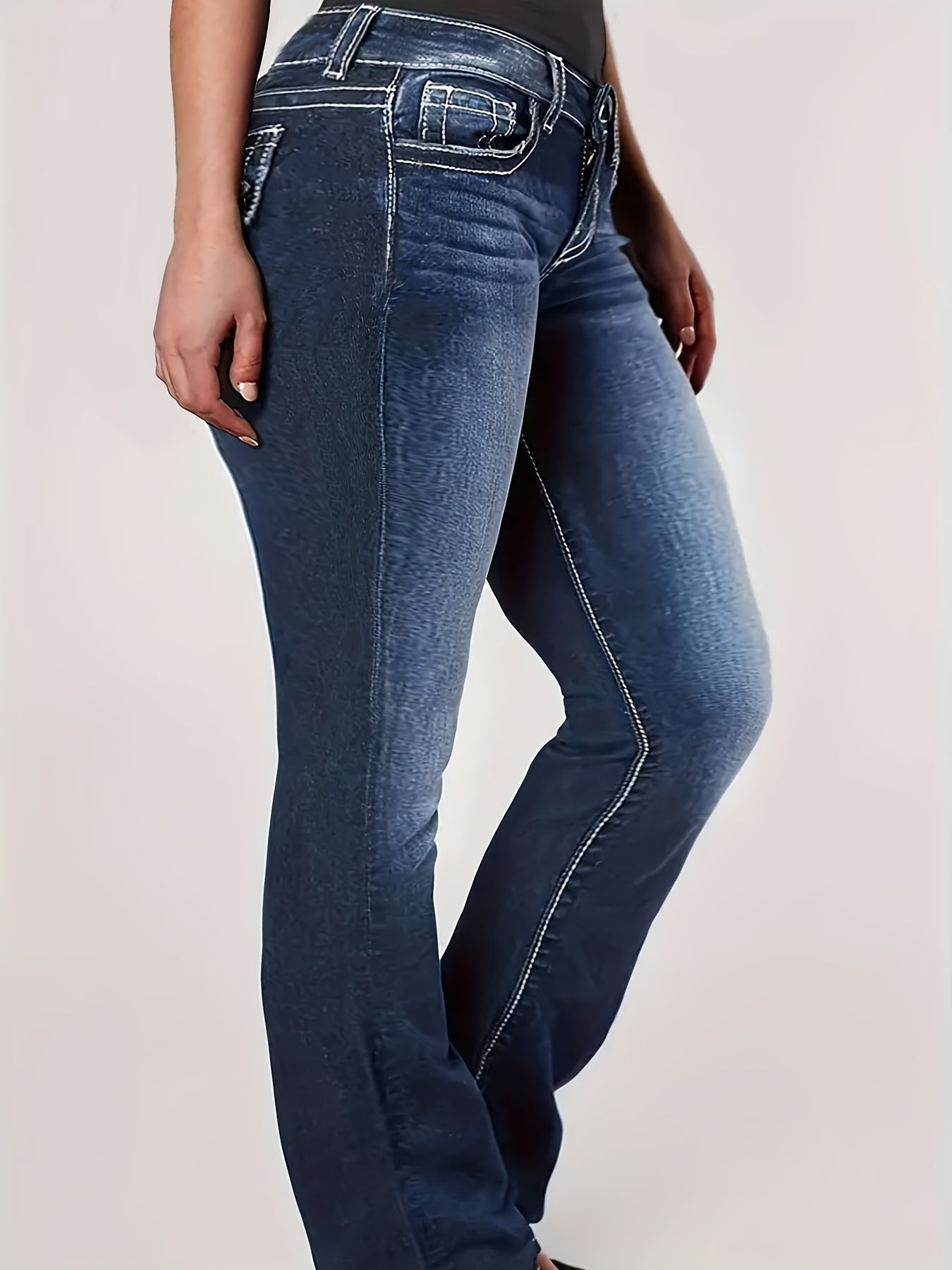 Plus Size High-Waist Bootcut Jeans with Embroidered Pockets Stretch Denim Blue