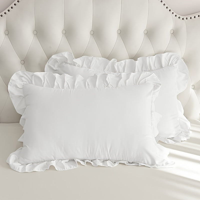 Set of 2 White Lace Pillowcases with Ruffled Trim Soft Skin-Friendly Material