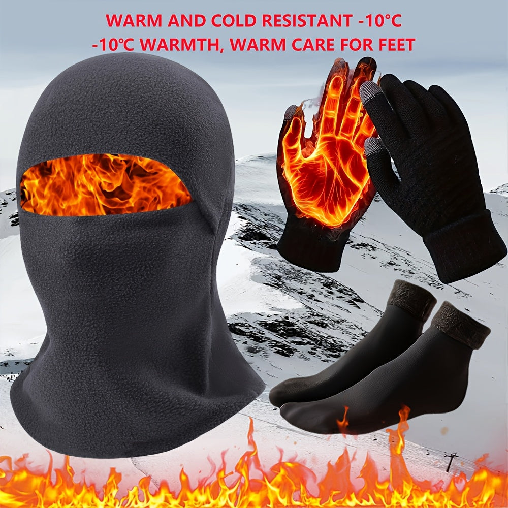 Men's Winter Fashion Set Thick Windproof Earflap Hat Touch Gloves Socks Polyester Knit Warm Cold Resistant
