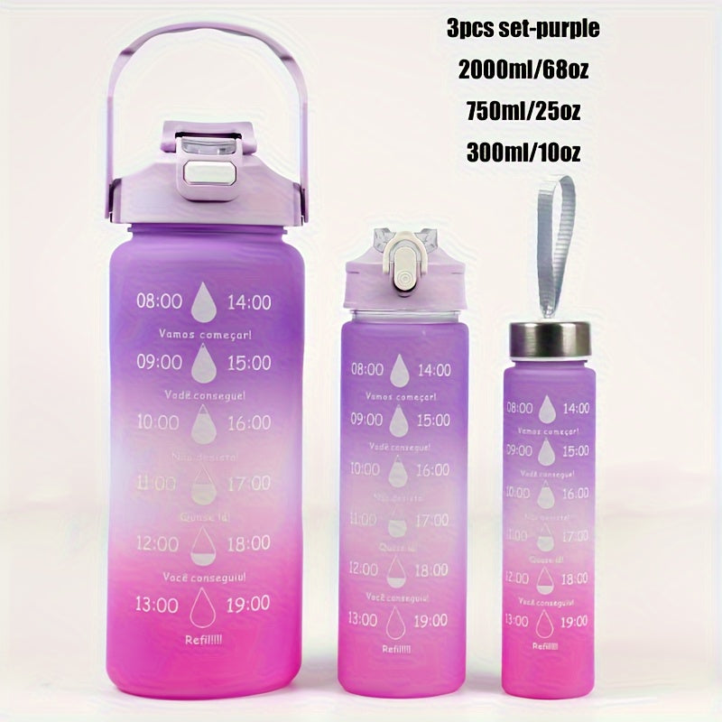 Set of 3 Sports Water Bottles with Time Marker Leakproof One-Click Open Lid for Fitness and Outdoor Activities