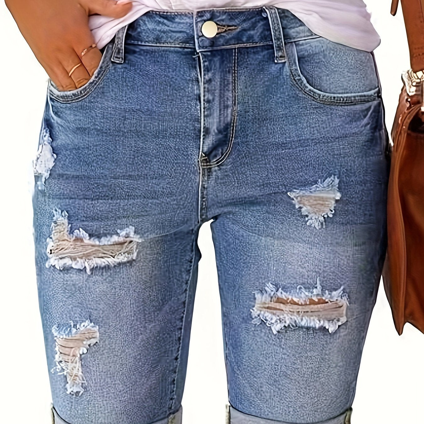 Plus-Size Women's Ripped Denim Shorts High Waist Light Blue Summer