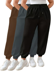 Plus Size Women's Jogger Pants 3 Pack Solid Color Polyester Blend Elastic Cuffs