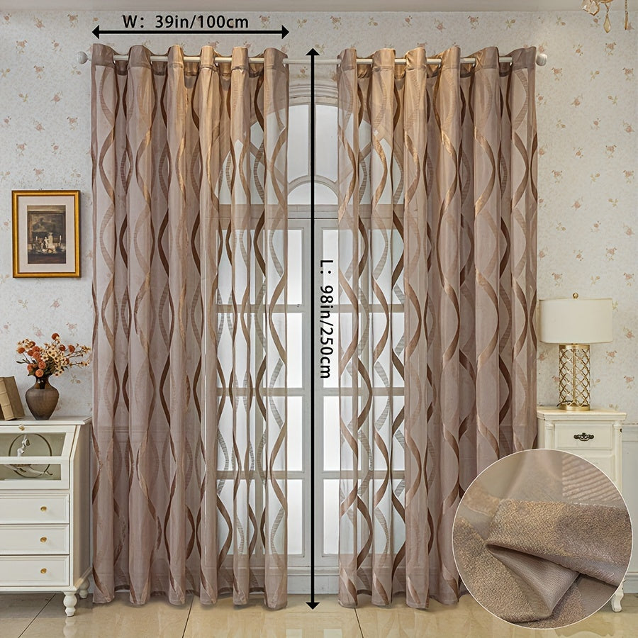 European Coffee Ribbon Curtains Set of 2 Modern Sheer Drapes Grommet Top UV Protection