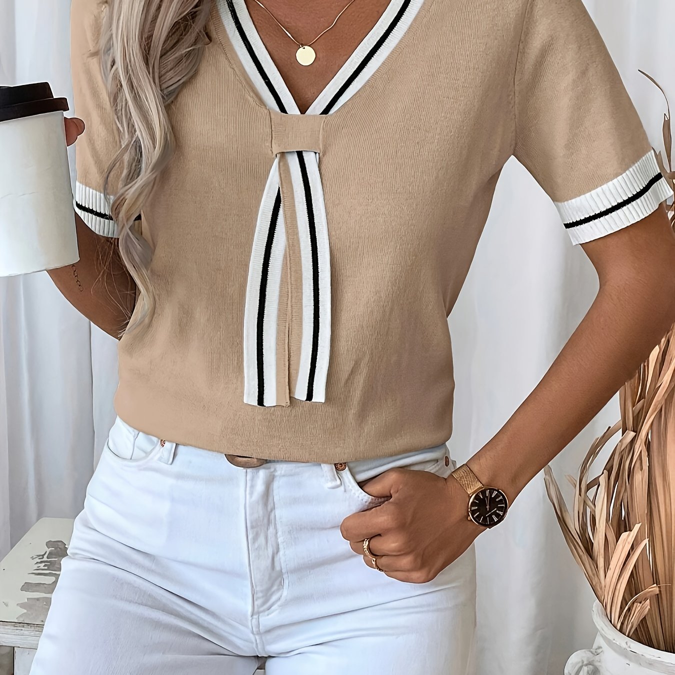 Plus Size Women's V-Neck Blouse Short Sleeve Light Pink Casual Stretch