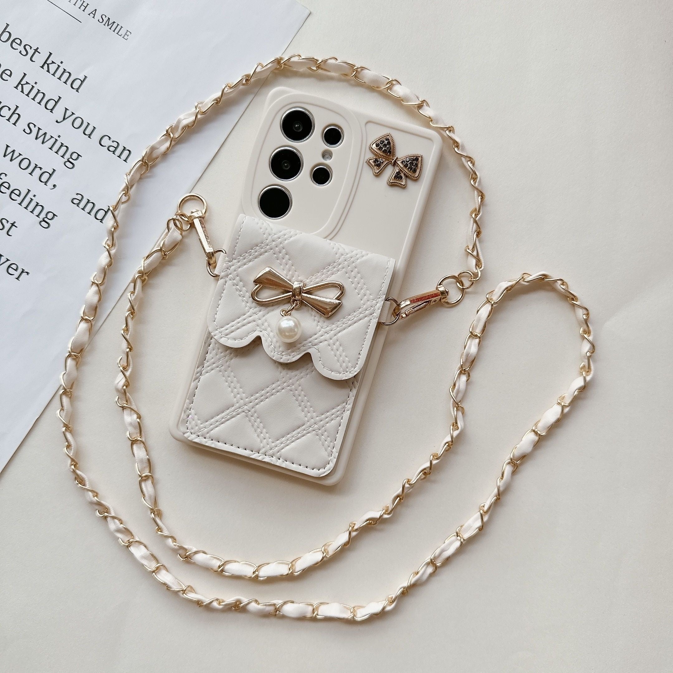 Pearl Bowknot Diamond Phone Case for Samsung Galaxy with Lanyard Full Cover Protection