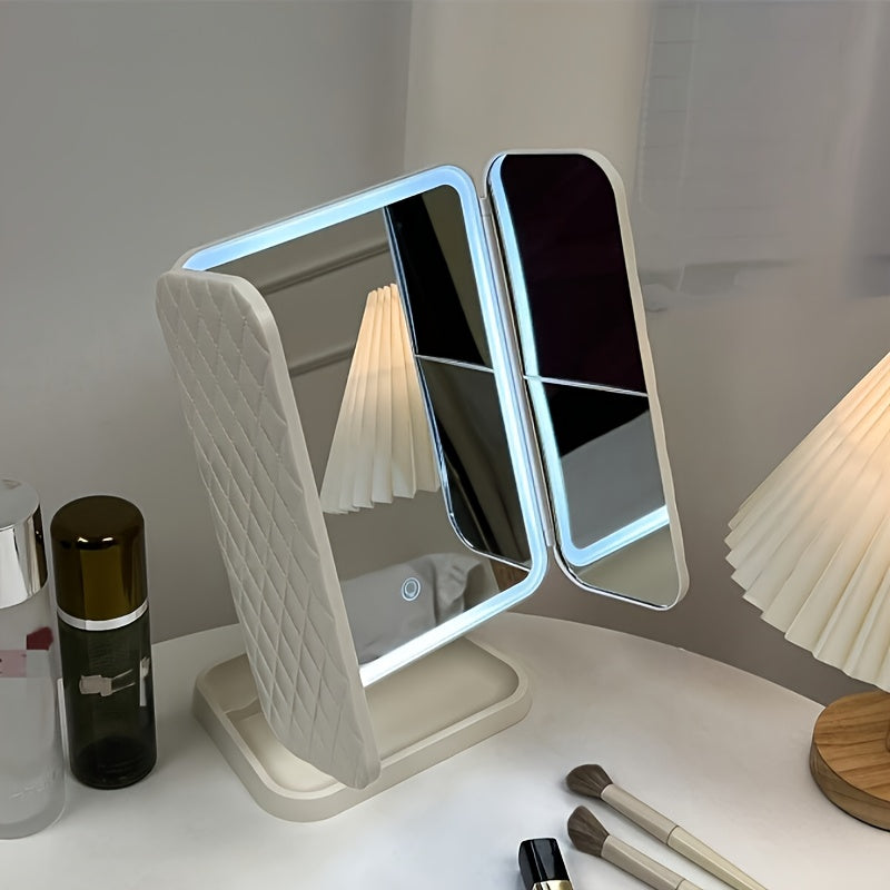 LED Vanity Mirror with Leatherette Stand Rechargeable Battery Smart Touch Foldable Cartoon Theme