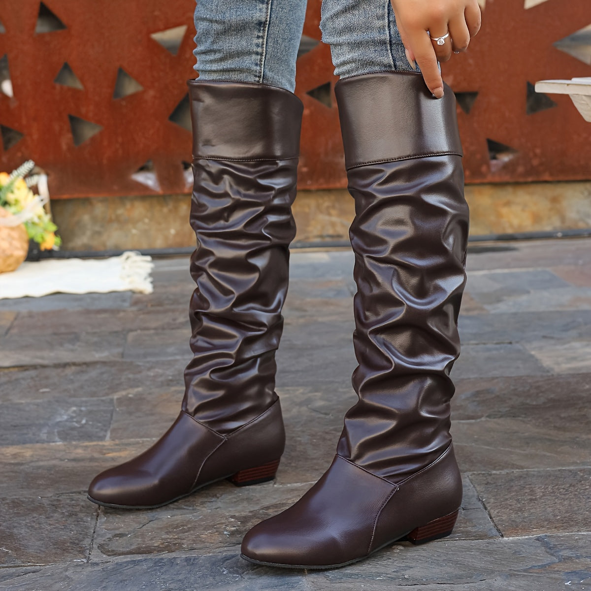 Women's Solid Color Chunky Heel High Knee Winter Boots