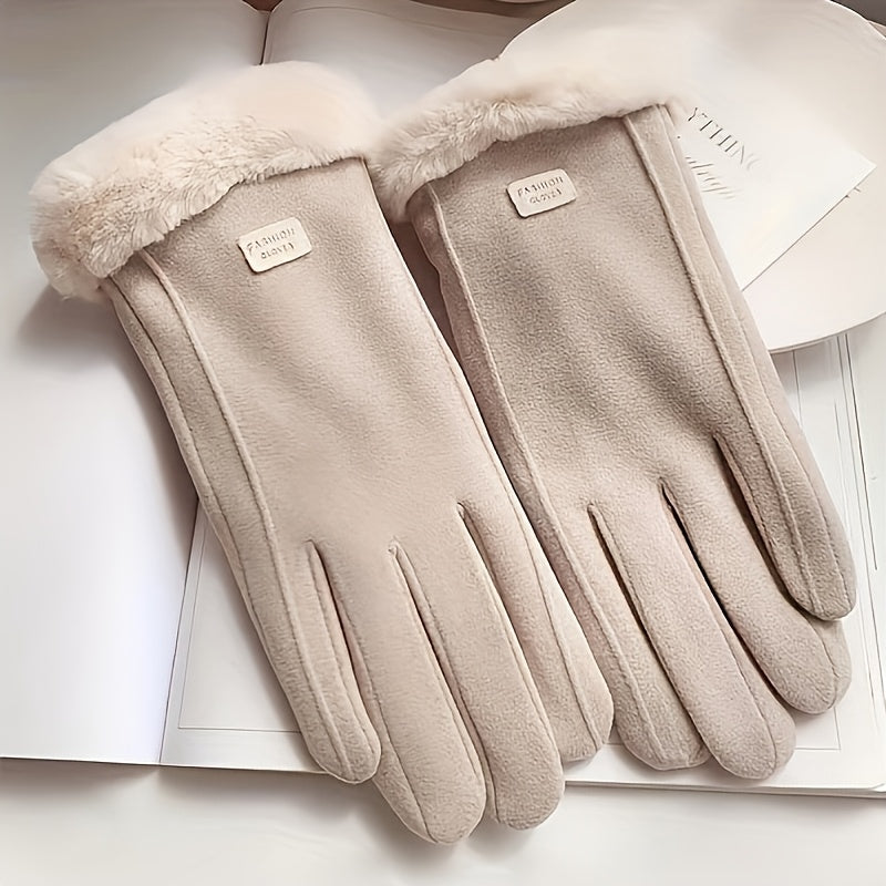Women's Touchscreen Gloves with Letter Patches and Plush Lining