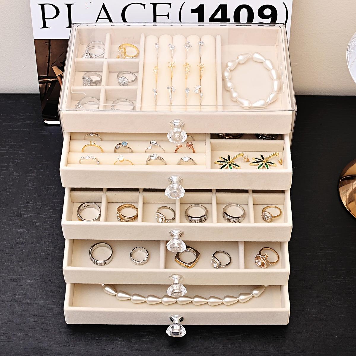 Velvet Jewelry Organizer with 5 Tiers Drawer Storage for Rings Earrings Necklaces and Bracelets