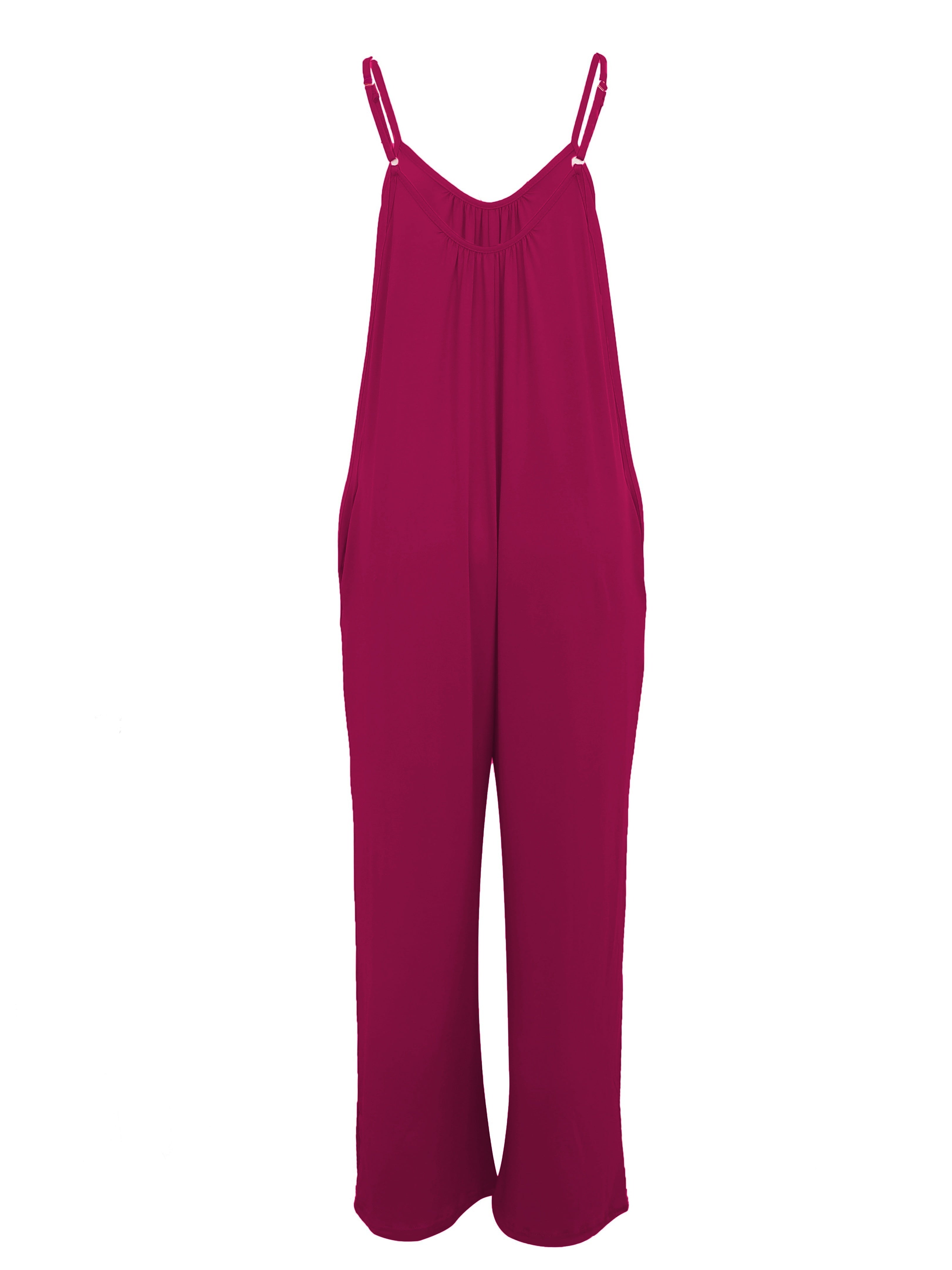 Women's Summer Maroon Cami Jumpsuit with Pockets Solid Color Stretchy Polyester Spandex