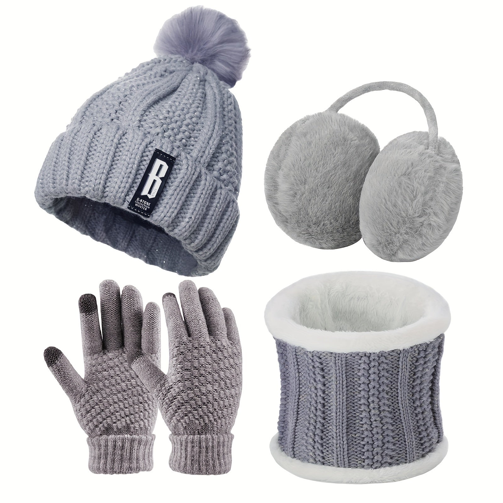 Winter Accessories Set for Women Polyester Knitted Beanie Hat Ear Warmers Gloves Scarf