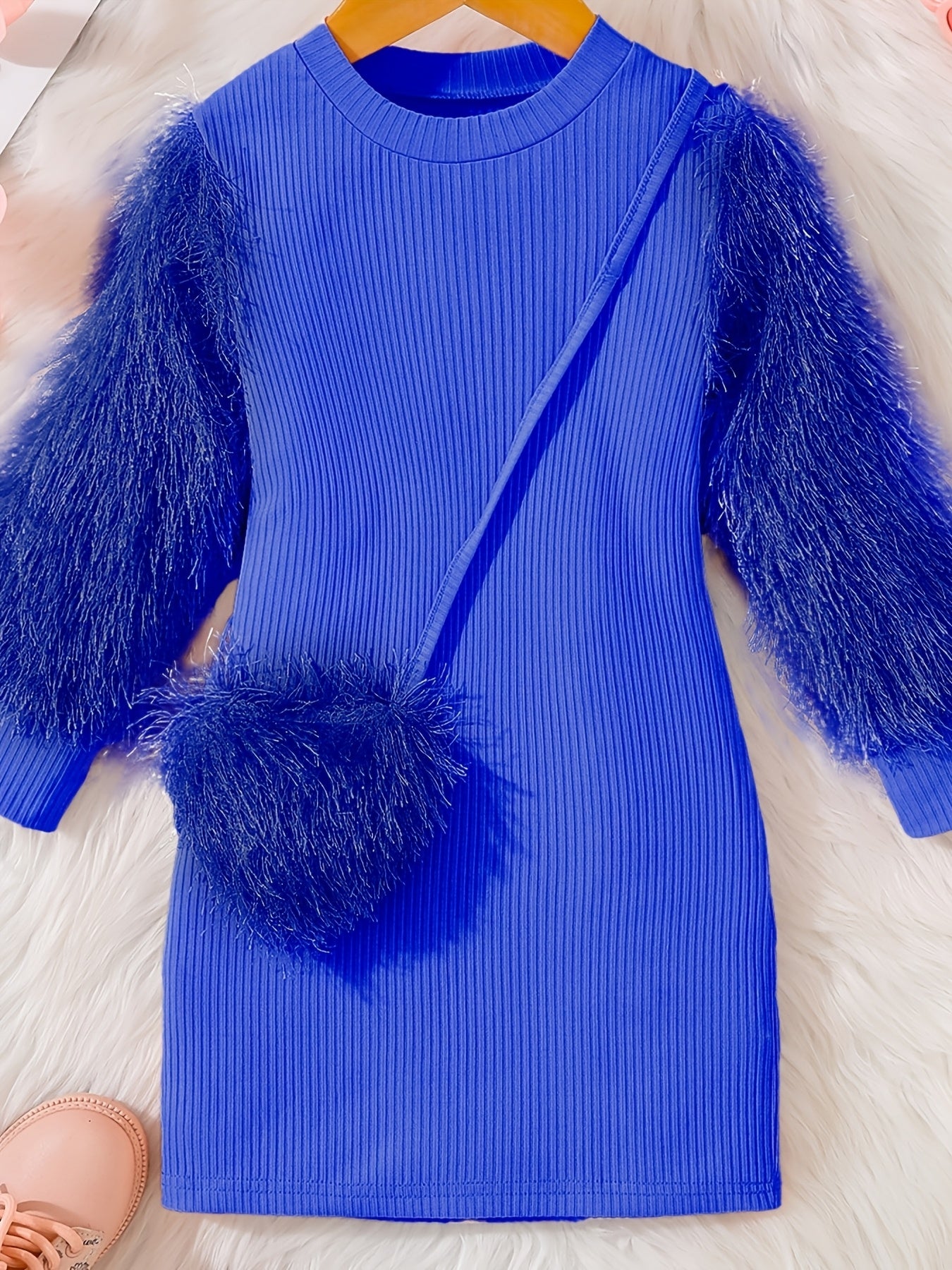 Girls' Pink Tassel Sleeve Dress with Bag Detail for Spring and Fall