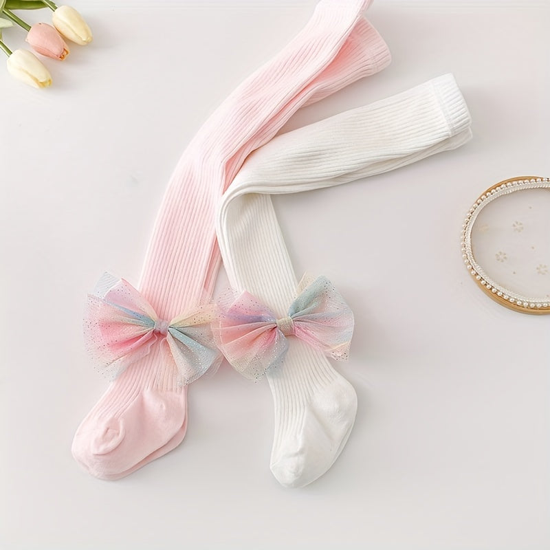 Girls Floret Patterned Pantyhose with Bow Tie Solid Knit Base Layer for Toddlers in Spring and Autumn