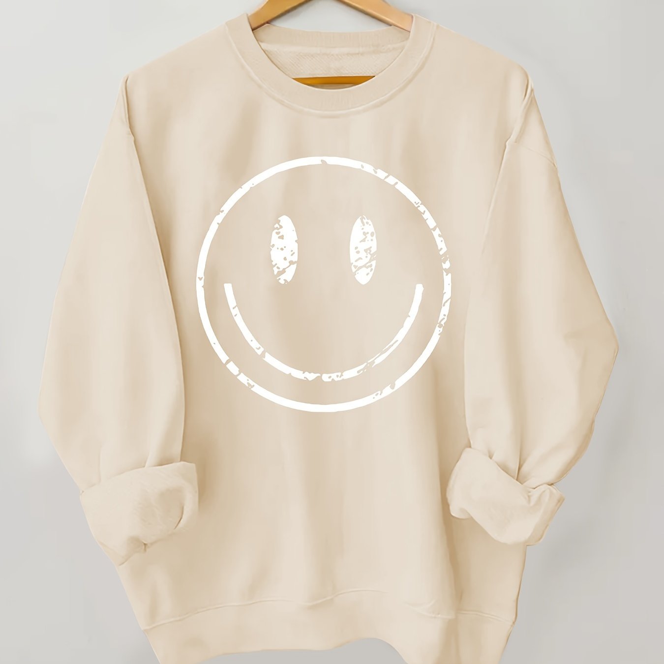 Plus Size Women's Cotton Smile Face Print Sweatshirt Long Sleeve Crew Neck