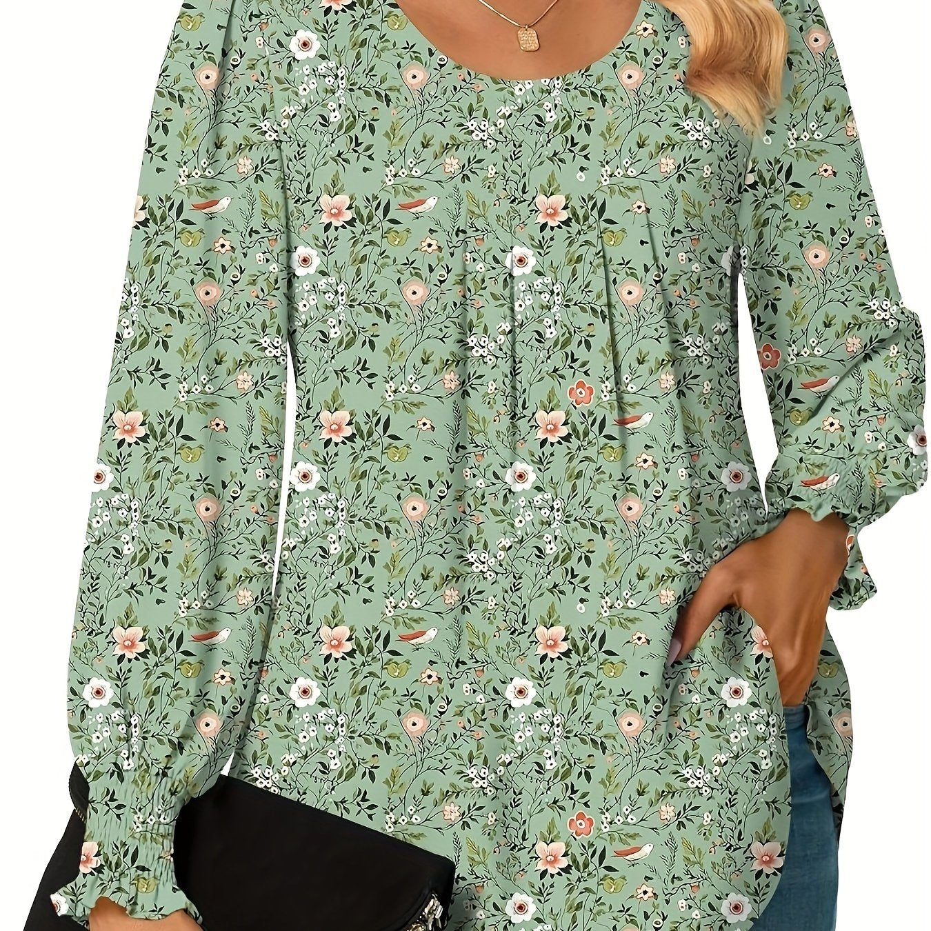 Plus Size Floral Print Blouse Women's Casual Long Sleeve Shirt Machine Washable